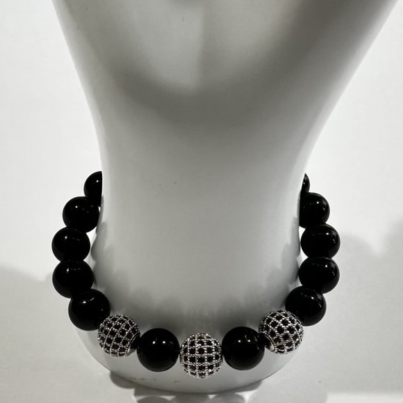 10mm Black Onyx with Black Crystal Ball Stretch Bracelet - Protection, Energy - Picture 3 of 7